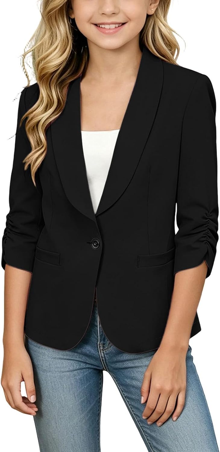 Girls Blazer Jacket Solid Color Lapel Suit Coat Ruched 3/4 Sleeve Open Front Blazers Shawl Collar Jackets 4-15 Years
