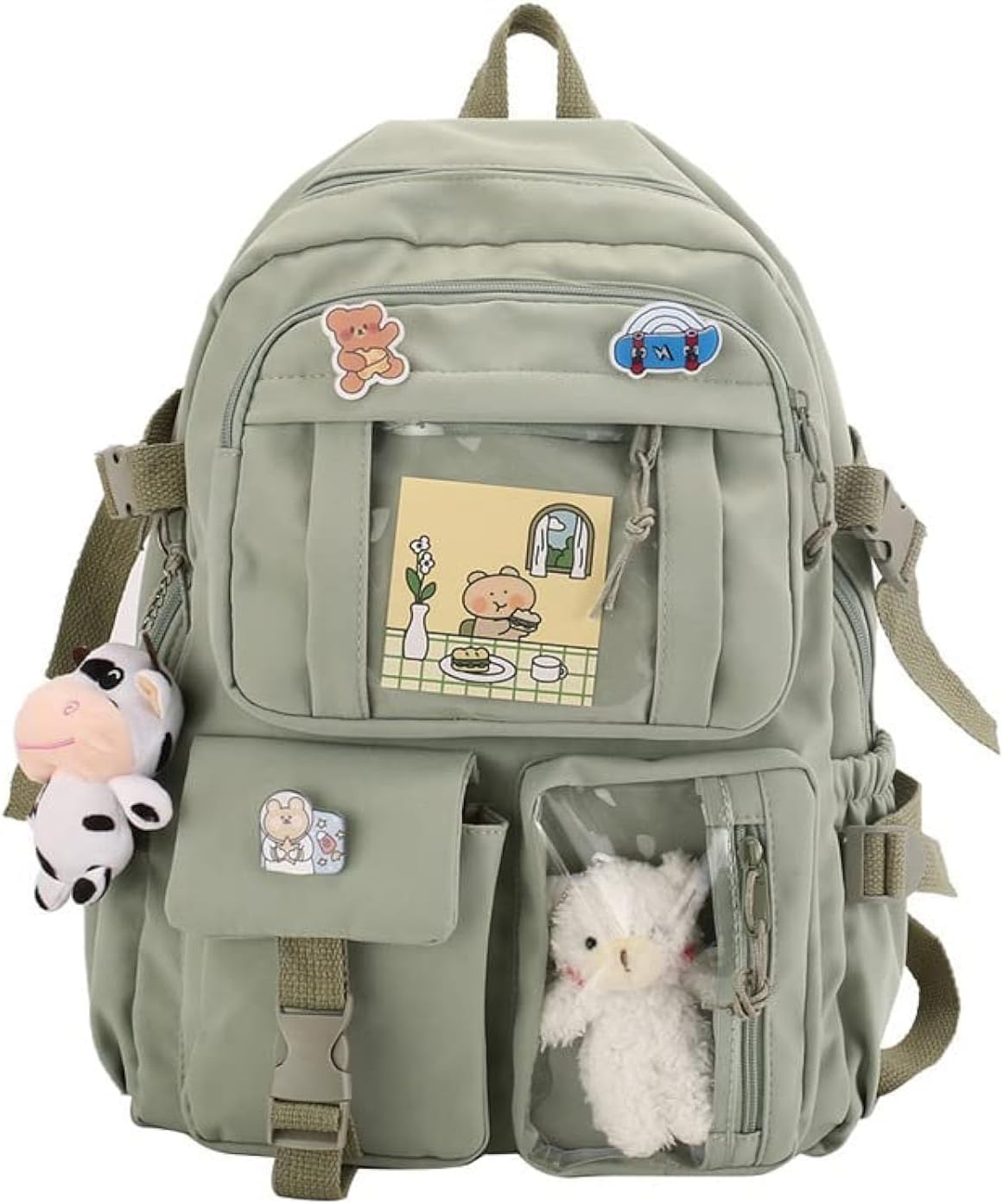 Eagerrich Cute Backpack with Cute Pin Accessories Plush Pendant for School Bag Student Girl Backpack Super-Capacity Waterproof Travel Backpack(Green-2)