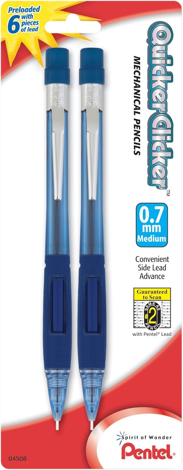 Pentel Quicker Clicker Mechanical Pencil, (0.7mm), Transparent Blue Barrel, Pack of 2 (PD347BP2-K6)