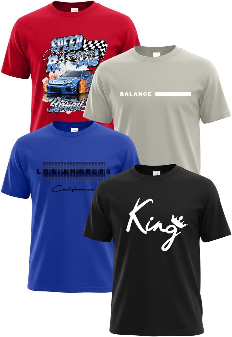 PureChapter 4 Pack Boys Short Sleeve Crewneck T-Shirts Plain Graphic Tees Set for Big Boys Summer Clothes Casual Shirts