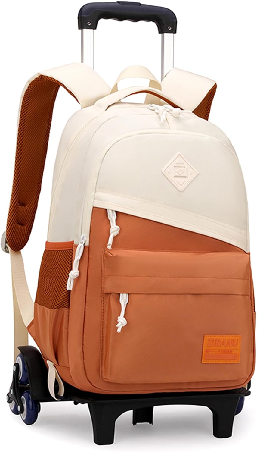 Mfikaryi Rolling Backpack, Kids Backpack with Wheels, Roller Backpack for Boys & Girls, 6 Wheels, Orange