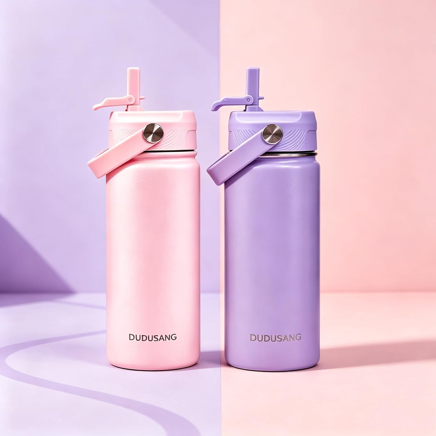 2Pack 18oz Kids Insulated Water Bottle – Bulk Stainless Steel Water Bottles for School Boys/Girls Flip Top Leak Spill Proof Vacuum Metal Cups BPA Free Thermos(Light Pink, 18 Ounces)
