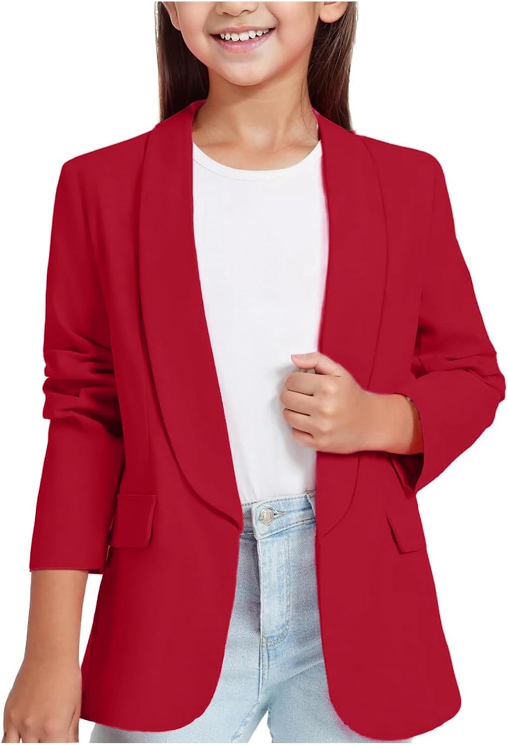 Girls Casual Dressy Blazers for Kids Comfy Relax Fit Long Sleeve Open Front Lapel Cardigan Suit School Uniform Jackets 3-14Y