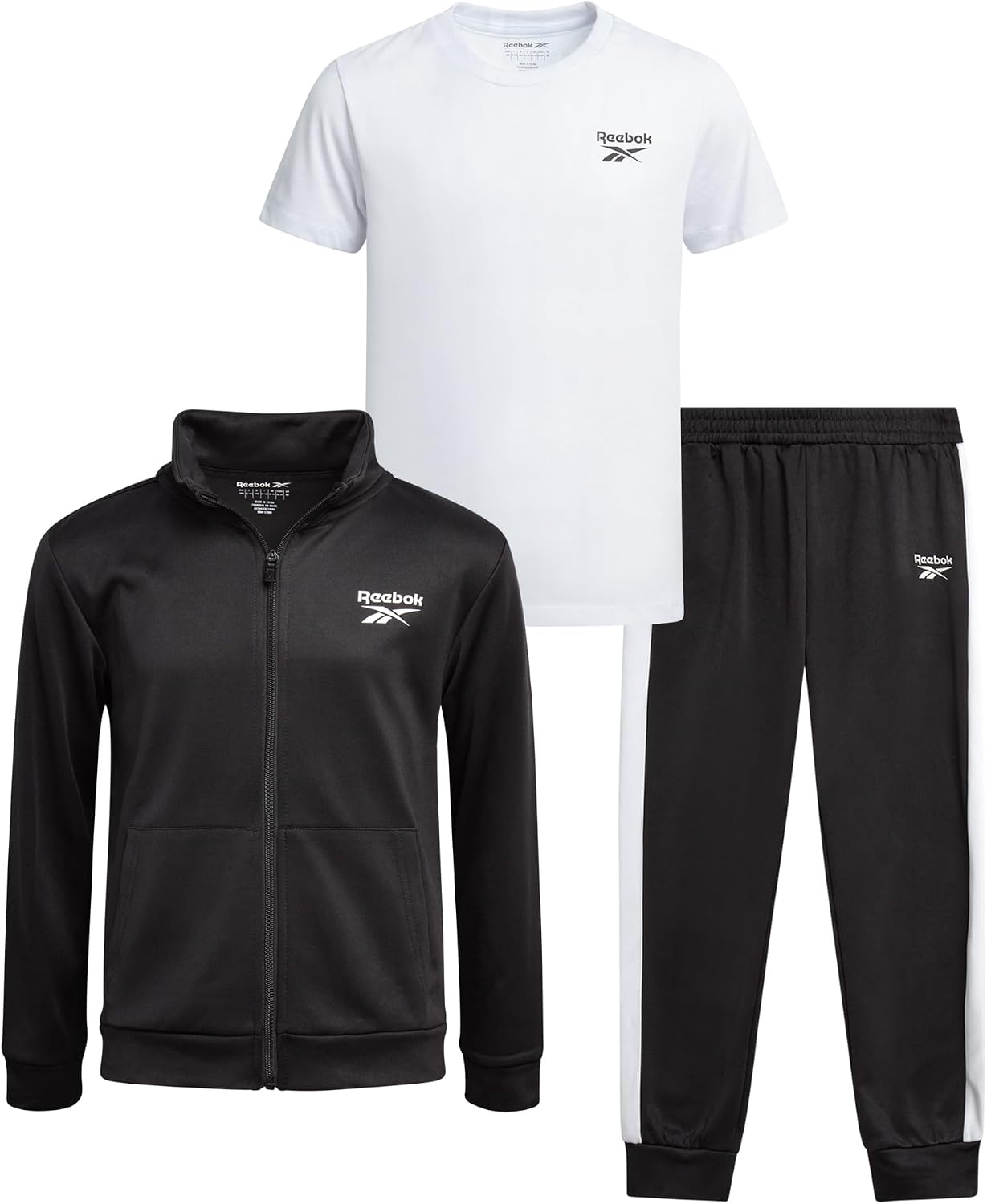Reebok Boys Joggers Set – 3 Piece Boys Tracksuit Set with Tricot Zip Up Jacket Athletic Cotton T-Shirt and Jogger Sweatpants