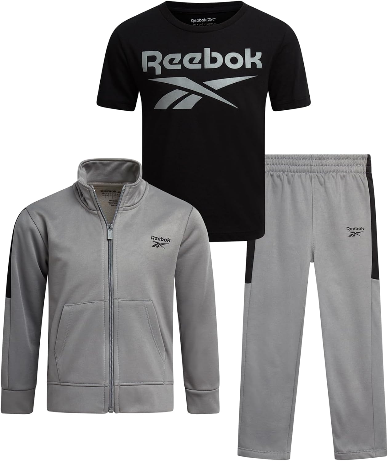 Reebok Boys Joggers Set – 3 Piece Boys Tracksuit Set with Tricot Zip Up Jacket Athletic Cotton T-Shirt and Jogger Sweatpants