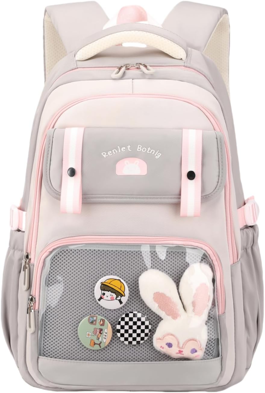 Mildame Kawaii School Backpack for Teen Girls, Cute Bookbags for Elementary Middle School, Multiple Pockets Girls Daypack with Accessories, Grey