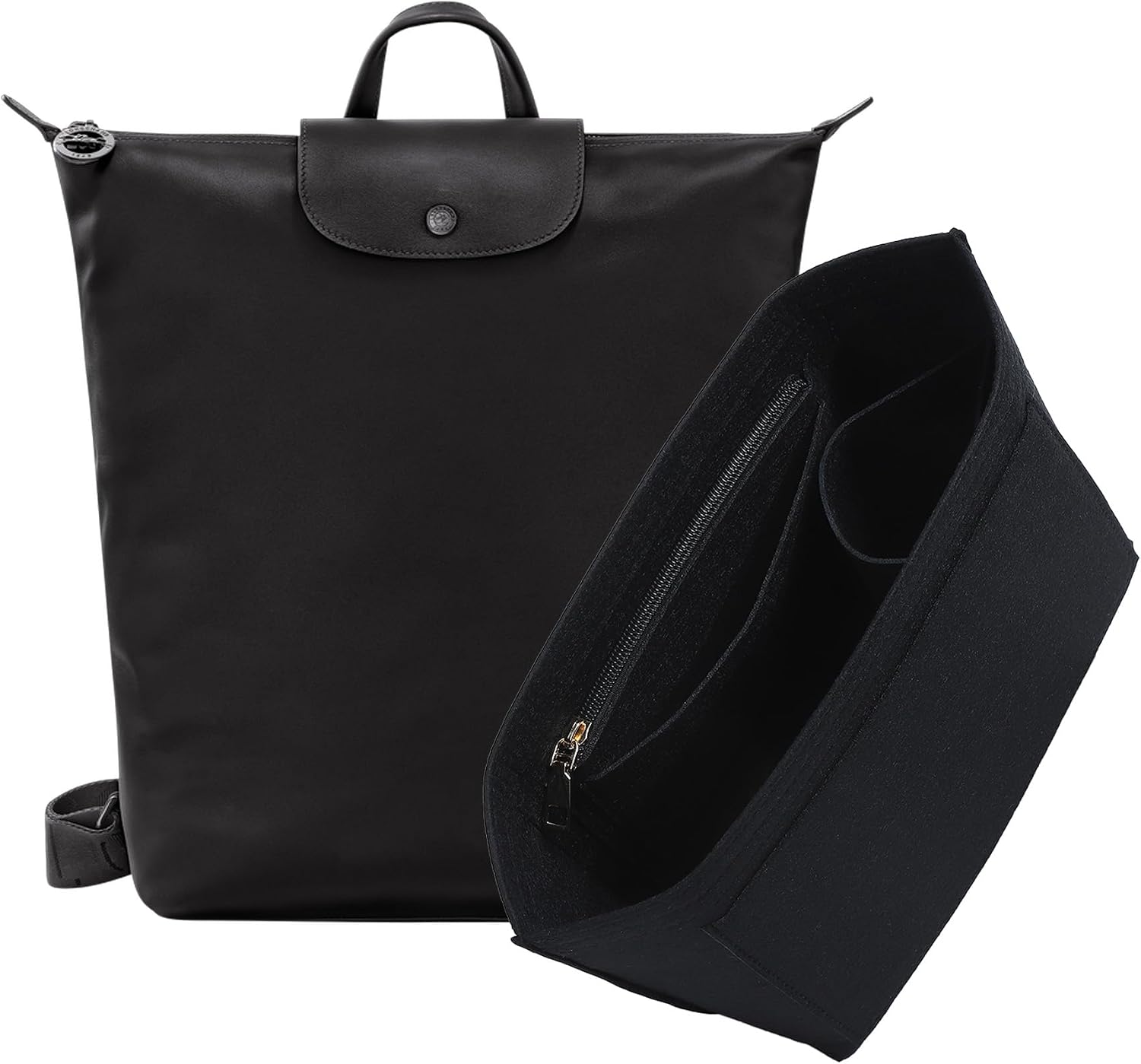 Purse Organizer Insert for Longchamp Le Pliage M Backpack, Felt Lightweight Long Champ Medium Backpack Divider Shaper with Cup Holder,Zipper Bags Inner Linner with 7 Deepened Pockets,M/Black