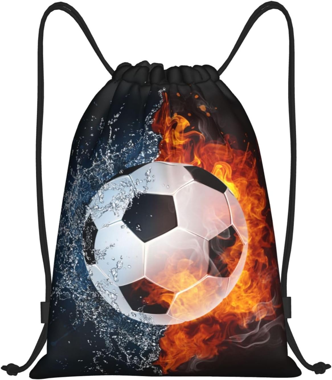 Kids Soccer Drawstring Bags for Boys Girls, Sports-Themed Drawstring Backpack Casual Knapsack with Water and Fire Printed for Teens Adults Women Men for Gym Travel Swimming Hiking Camping, Small