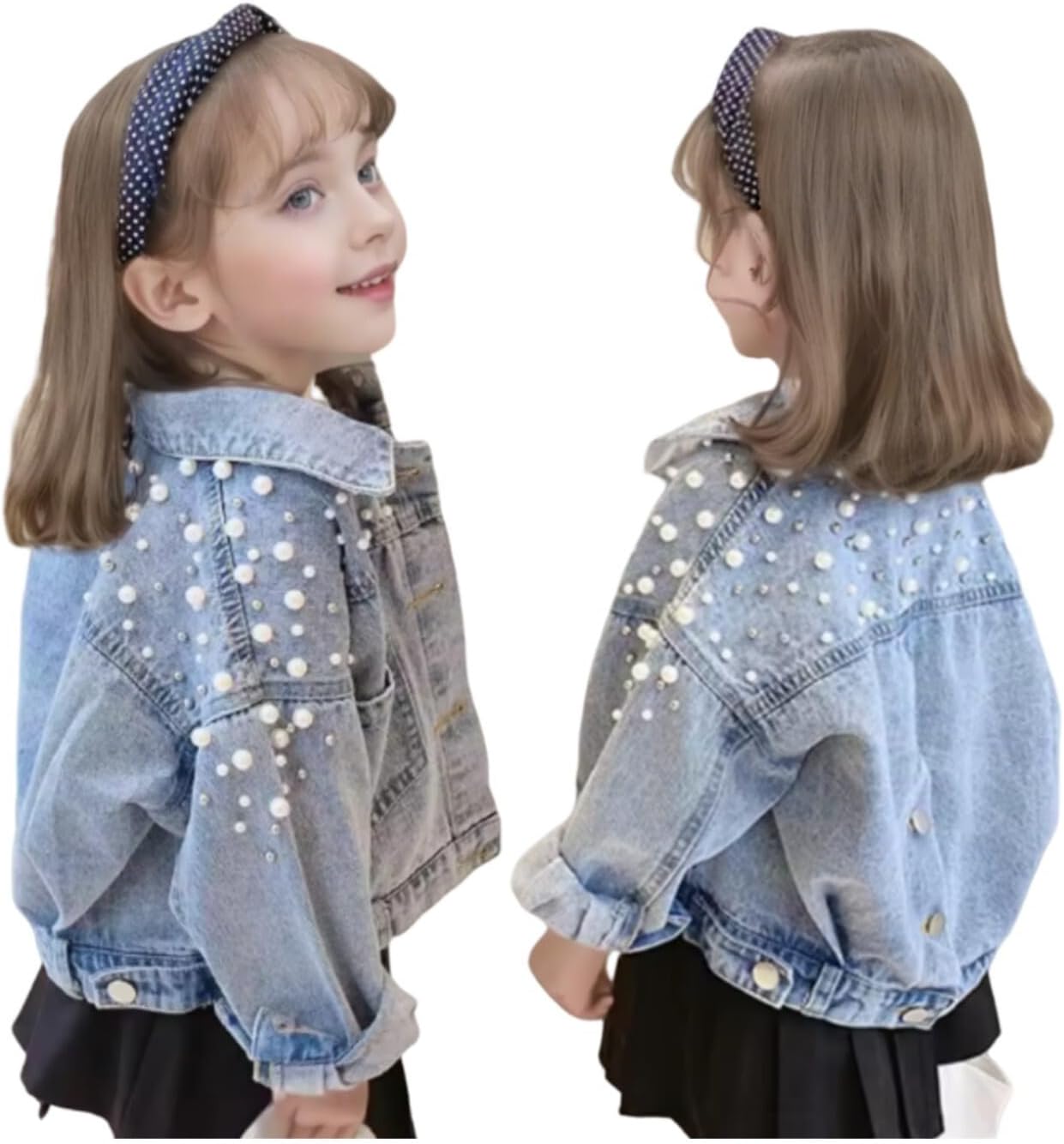 Girls’ Classic Pearls Denim Jackets Kids Button Down Jeans Jacket Top Coat Outwear