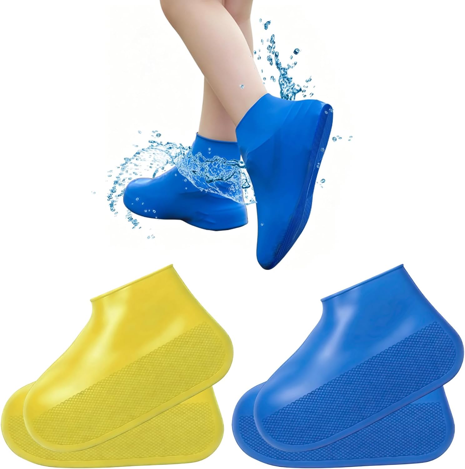 2 Pairs Heavy Duty Reusable Waterproof Rain Shoe Covers for Kids, Rubber Non Slip Overshoes | Foldable Elastic Mudproof Shoe Protectors, Washable Foot Covers for School Gardening Field Trip Mud Hiking