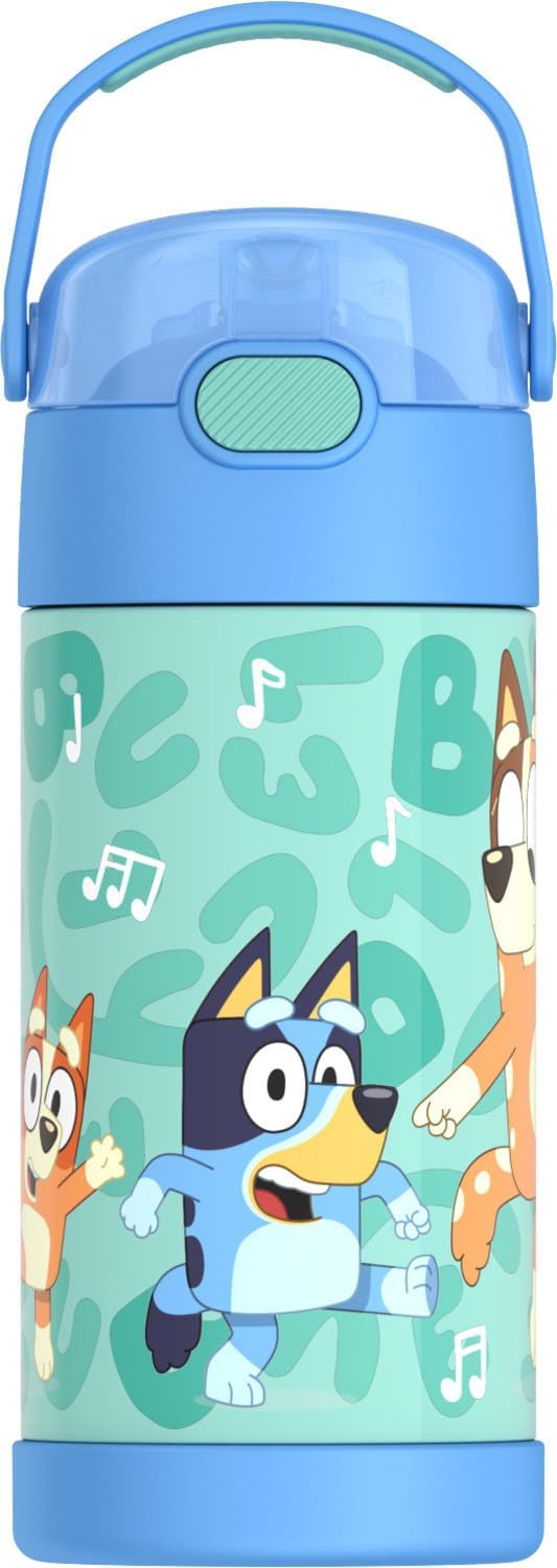 THERMOS FUNTAINER Water Bottle with Straw – 12 Ounce – Kids Stainless Steel Vacuum Insulated Water Bottle with Lid, Bluey