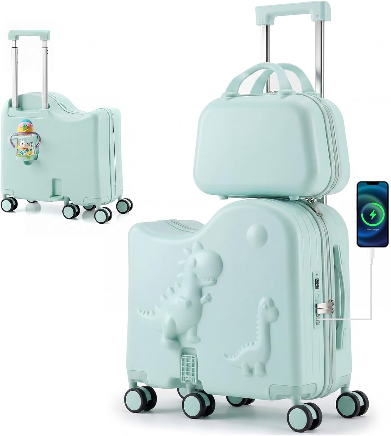 Cute Dinosaur Ride-On Luggage Set for Kids, 20″ Carry-On Suitcase with 12″ Portable Bag, Hardshell Kids Luggage with USB & Type-C Port, Cup Holder, Foldable Footrest, 6 Spinner Wheels Green