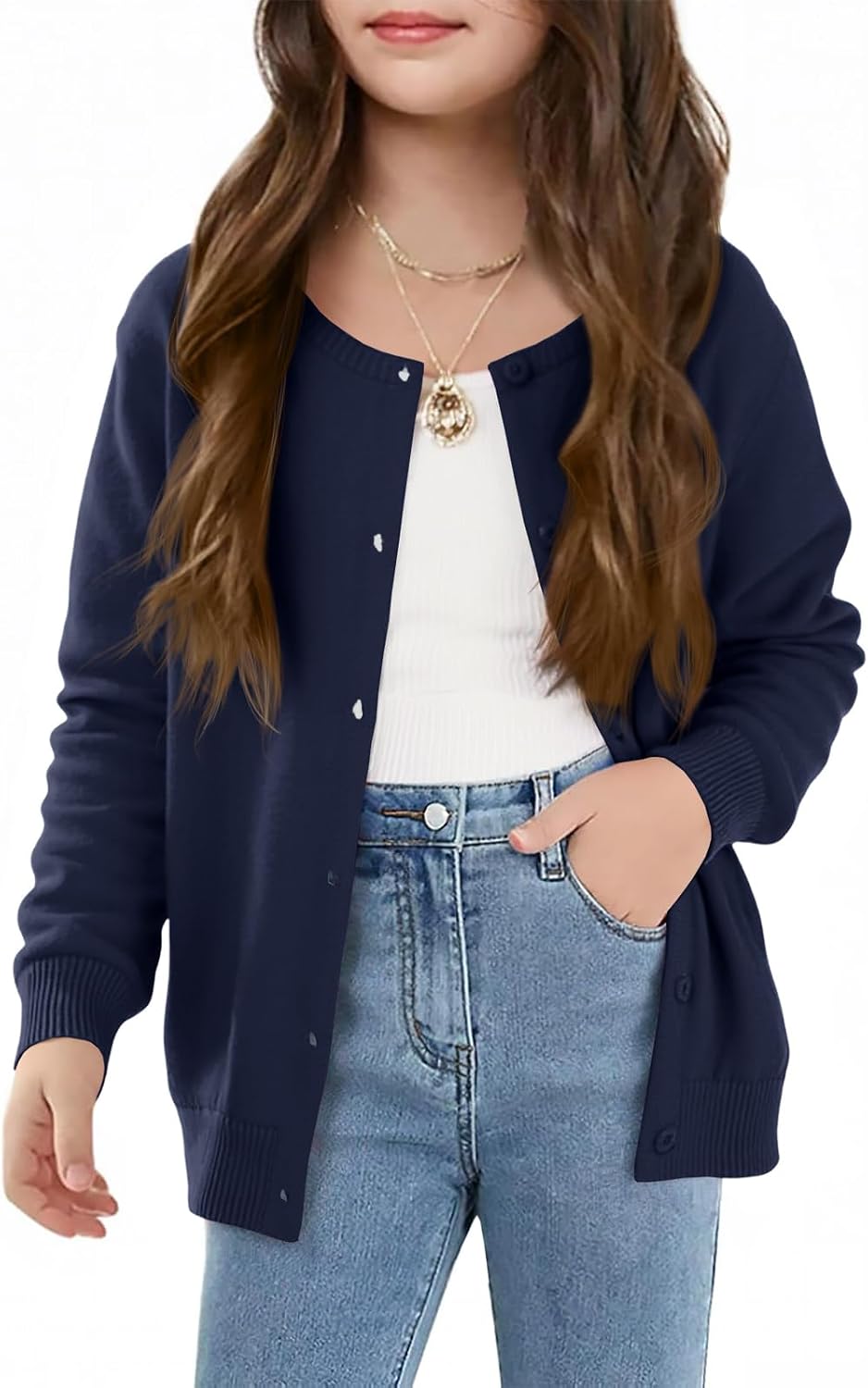 Haloumoning Girls Button Down Cardigan Kids Long Sleeve Crewneck Uniform Knit Sweater 5-14 Years