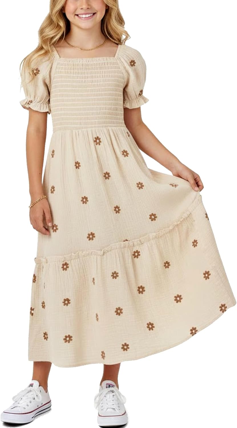 Sunny Spirit Girls Summer Dresses Tween Dress for Girl Maxi Spring Boho Floral Short Puff Sleeve Smocked Cotton 5-14 Years