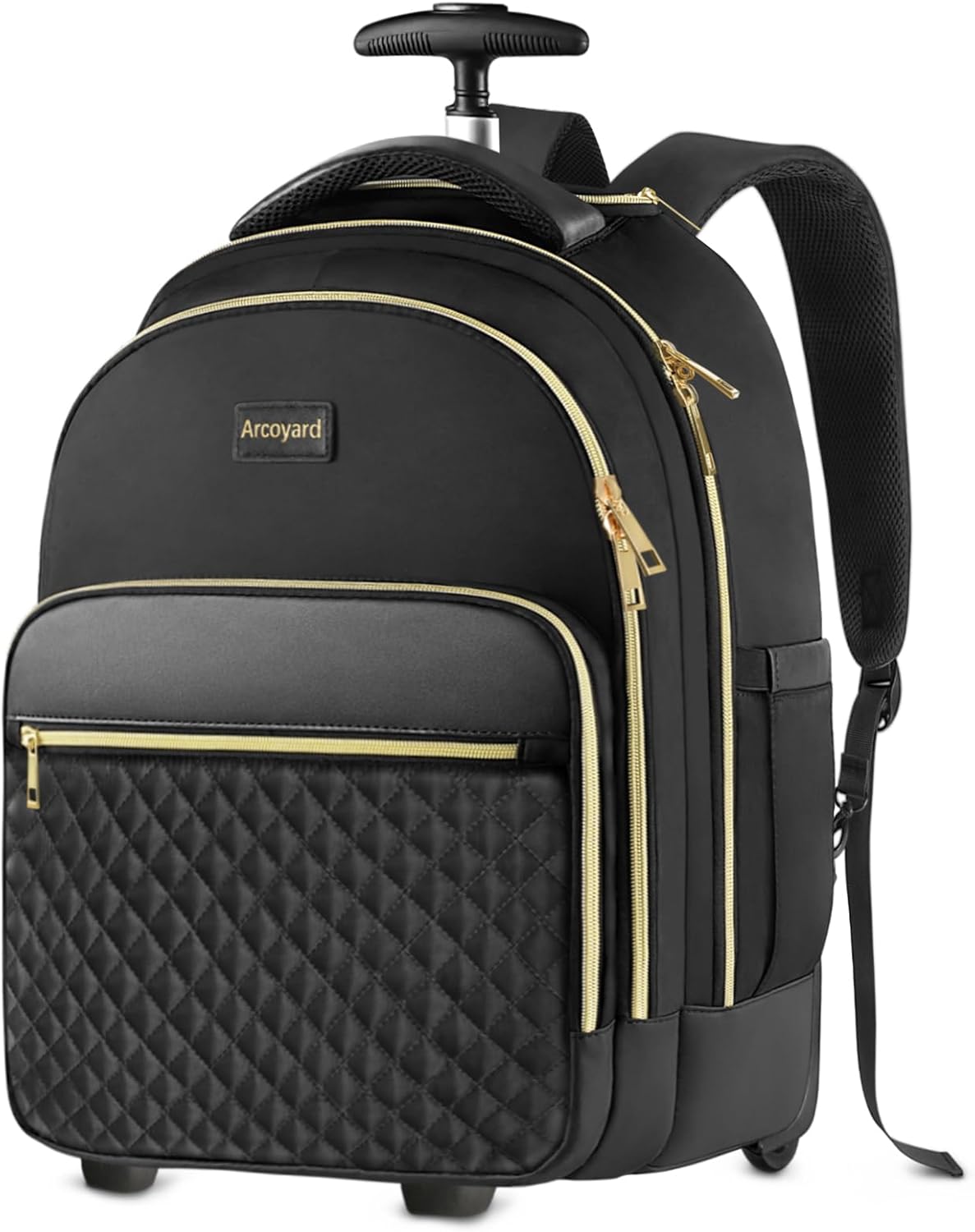 Arcoyard Rolling Backpack for Women, 15 inch Lightweight Wheeled Roller Laptop Backpack for Adults, Water Resistant Underseat Carry On Luggage Bag, TSA Friendly Anti Theft Business Gear, Black Gold