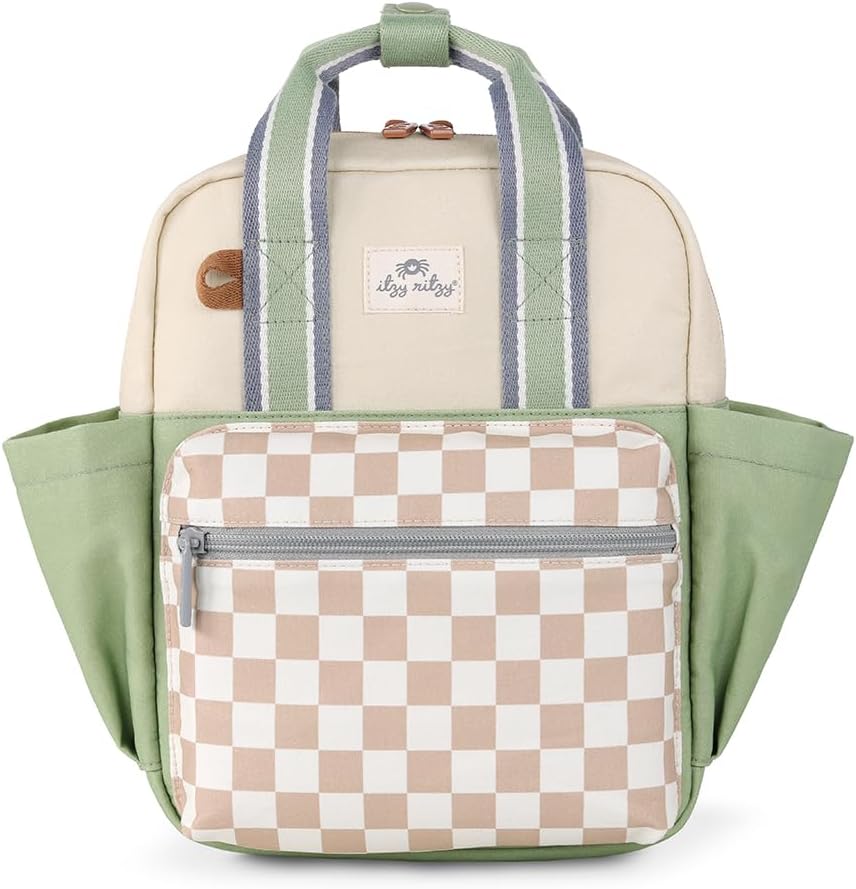 Itzy Ritzy Toddler Backpack – Daycare Bag – Features Adjustable Shoulder Straps, 2 Side Pockets & Spacious Interior with Wipeable Fabric Lining & Name Label, Checkerboard Backpack