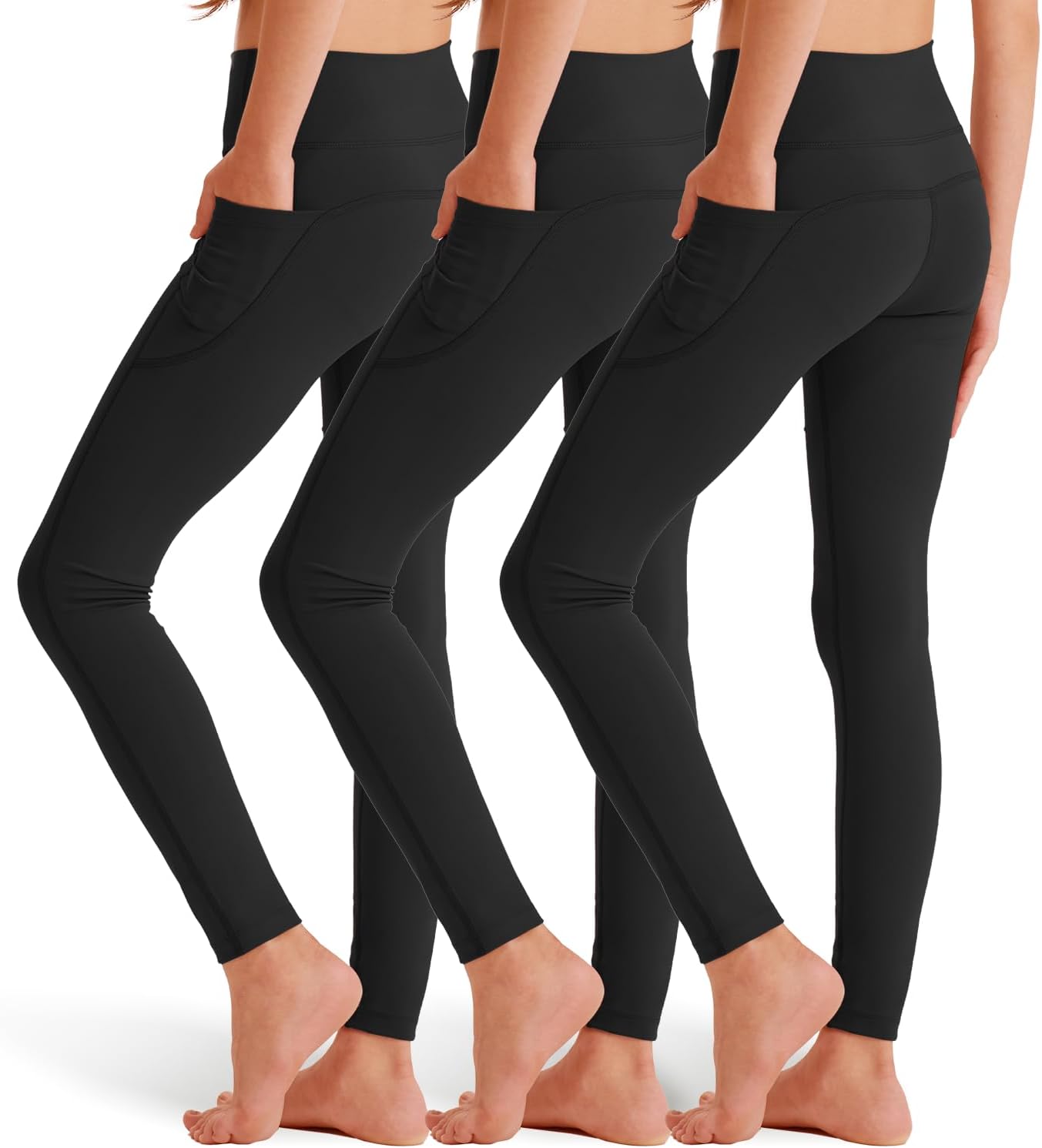 3 Pack Girls’ Leggings with Pockets, Ankle Length Athletic Yoga Pants for Kids Clothes