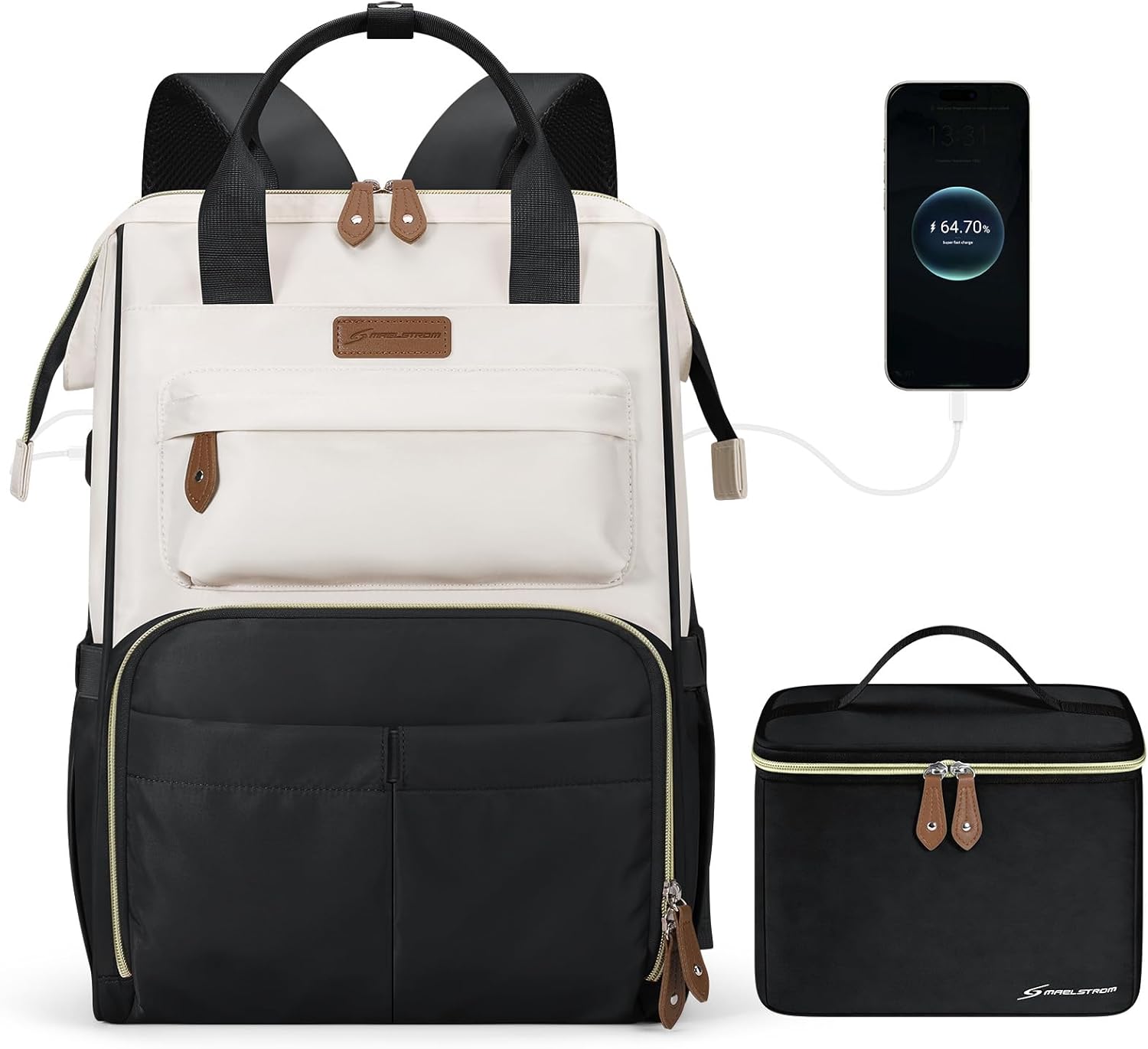 Maelstrom Travel Backpack for Women Men,Laptop Backpack Fits 15.6-17.3 Inch Laptop, Nurse/Work Bag with Insulated Lunch Box (Black-beige)