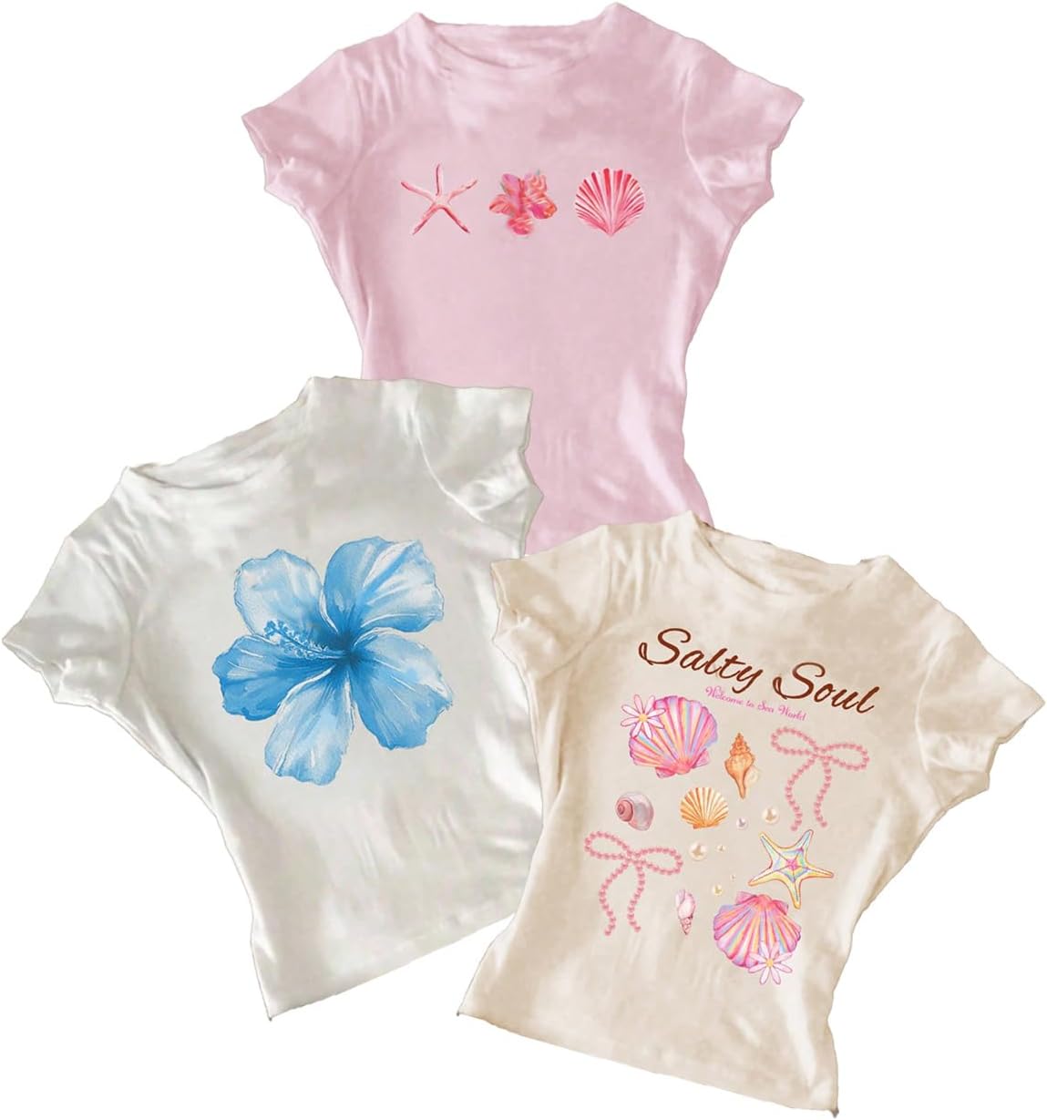 RoseSeek Girl’s Shirts 3 Packs Graphic Tees Vacation Hibiscus Top Crewneck Short Sleeve Cute Tops Summer Slim Fit T Shirt