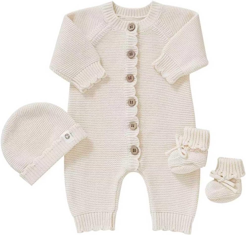 Organic Cotton Baby Sweater Knit Romper Hat Booties 3 Piece Newborn Infant Set LongSleeve Cute Outfit Boy Girls Clothe