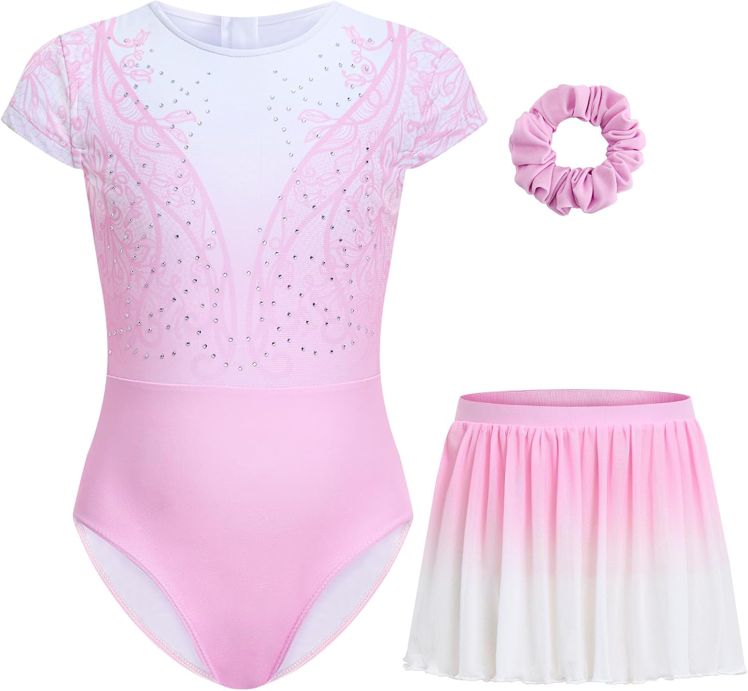 JiAmy Girls Gymnastics Leotards Ballet Dance Outfits Short Sleeve Floral Leotard with Skirt Set for Toddler 5-12 Years
