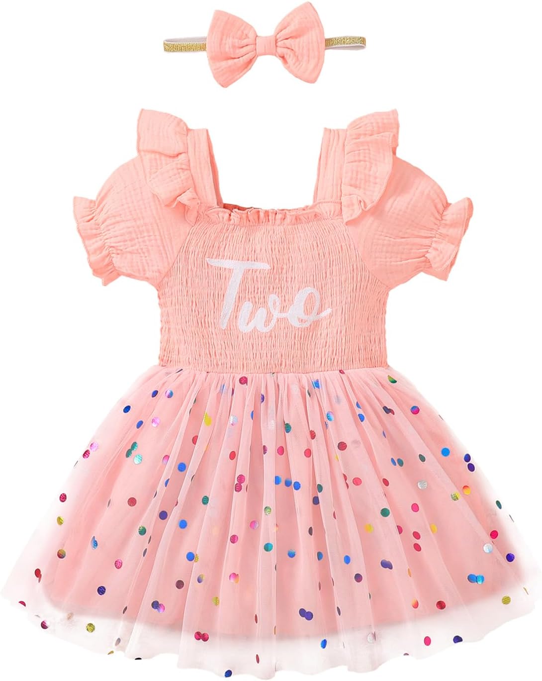 Baby Girl 2nd Birthday Dress Girl Tulle Party Dress Two Year Old Birthday Ruffle Sleeve Outfit with Bow Headband