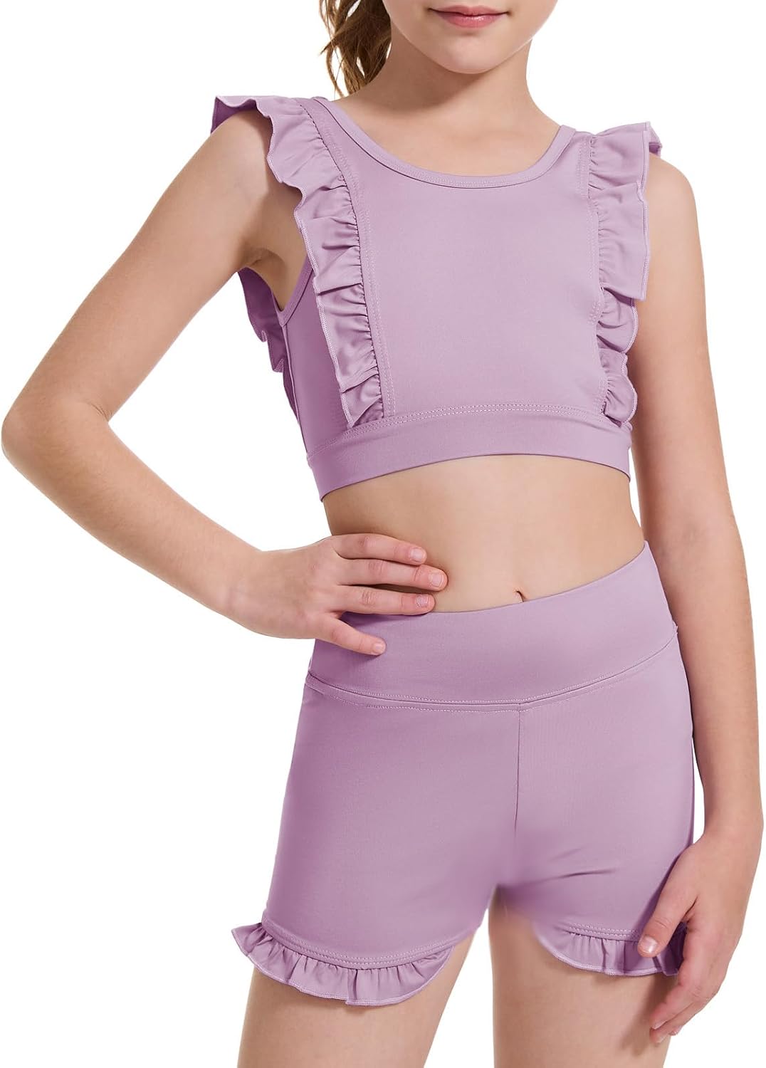 CharmWM Girls 2 Piece Outfits Athletic Ruffle Short Sets Training Bra Crop Tank with High Waisted Dance Shorts 3-10Years