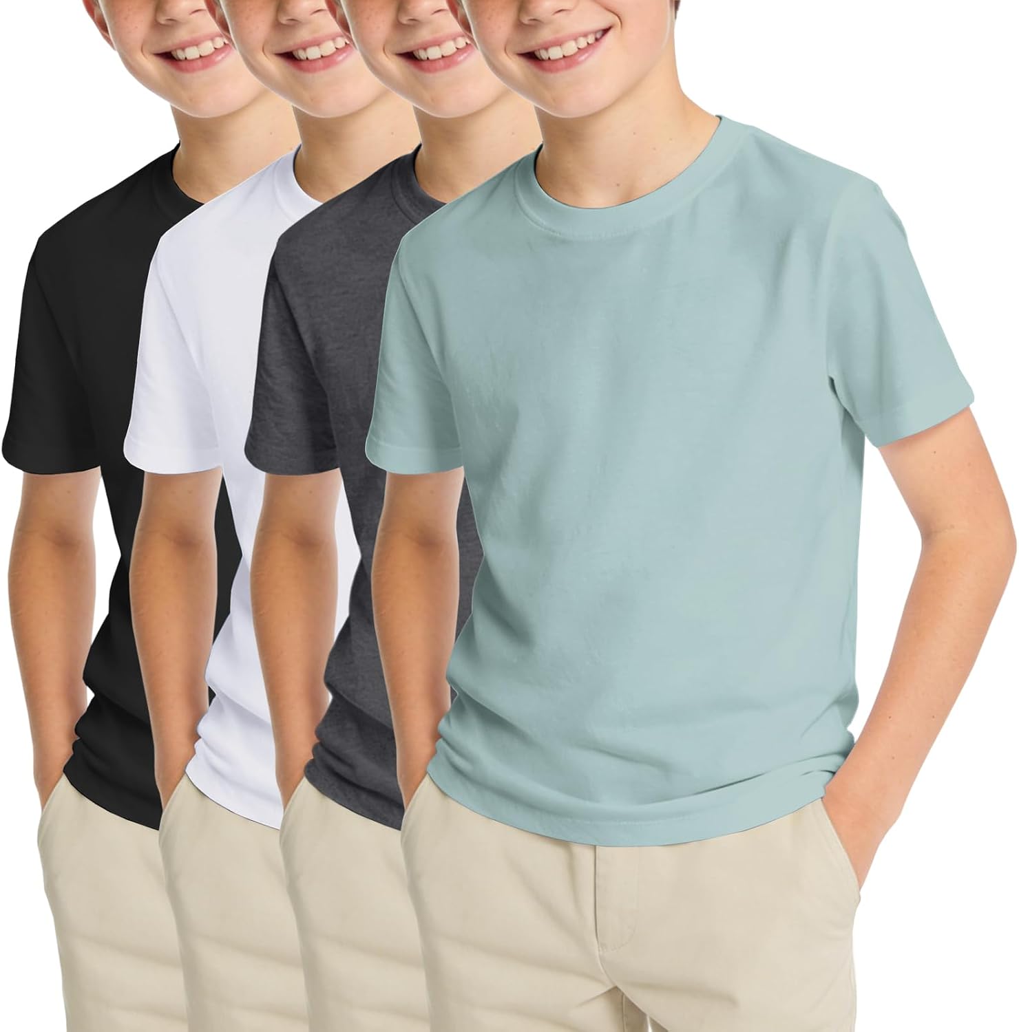 KEREDA 4 Pack Boys Shirts Short Sleeve Cotton T-Shirts Kids Summer Crewneck Solid Plain Basic Tees Tops Size 5-14 Years