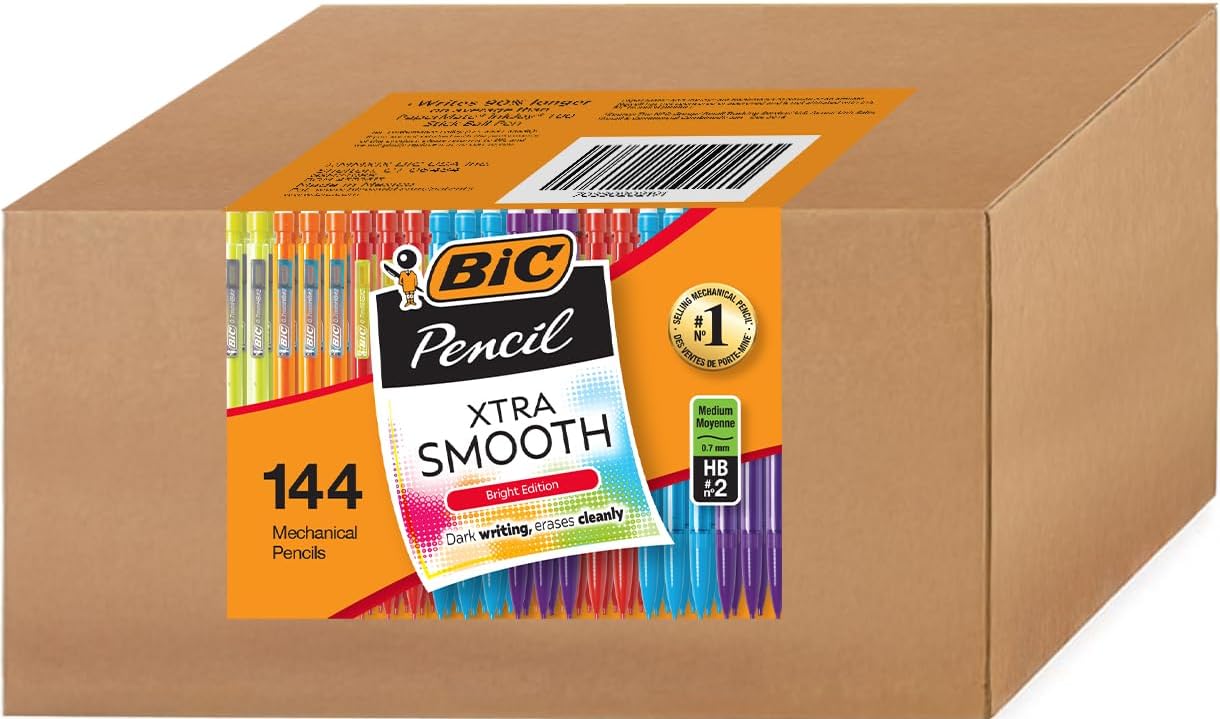 BIC Extra Smooth #2 Mechanical Pencils Bright Edition, 0.7 mm Medium Point, Assorted Colored Barrels – Bulk School Supplies for Students and Teachers, Pack of 144 Lead Pencils