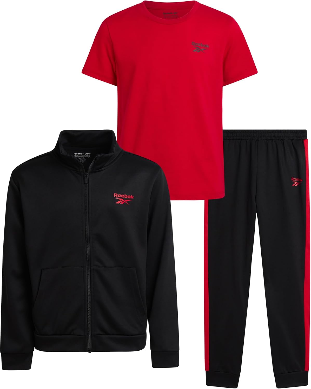 Reebok Boys Joggers Set – 3 Piece Boys Tracksuit Set with Tricot Zip Up Jacket Athletic Cotton T-Shirt and Jogger Sweatpants