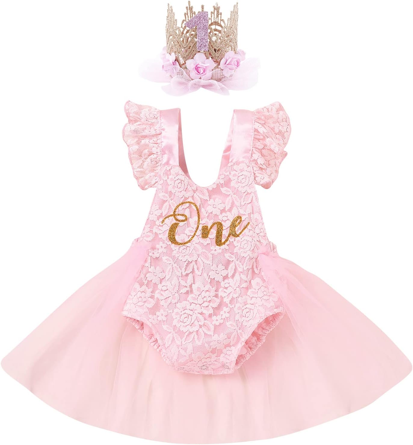 Baby Girl 1st Birthday Outfit Lace Tulle Romper Princess Tutu Dress Headband Shiny ONE Cake Smash Photo Shoot Clothes