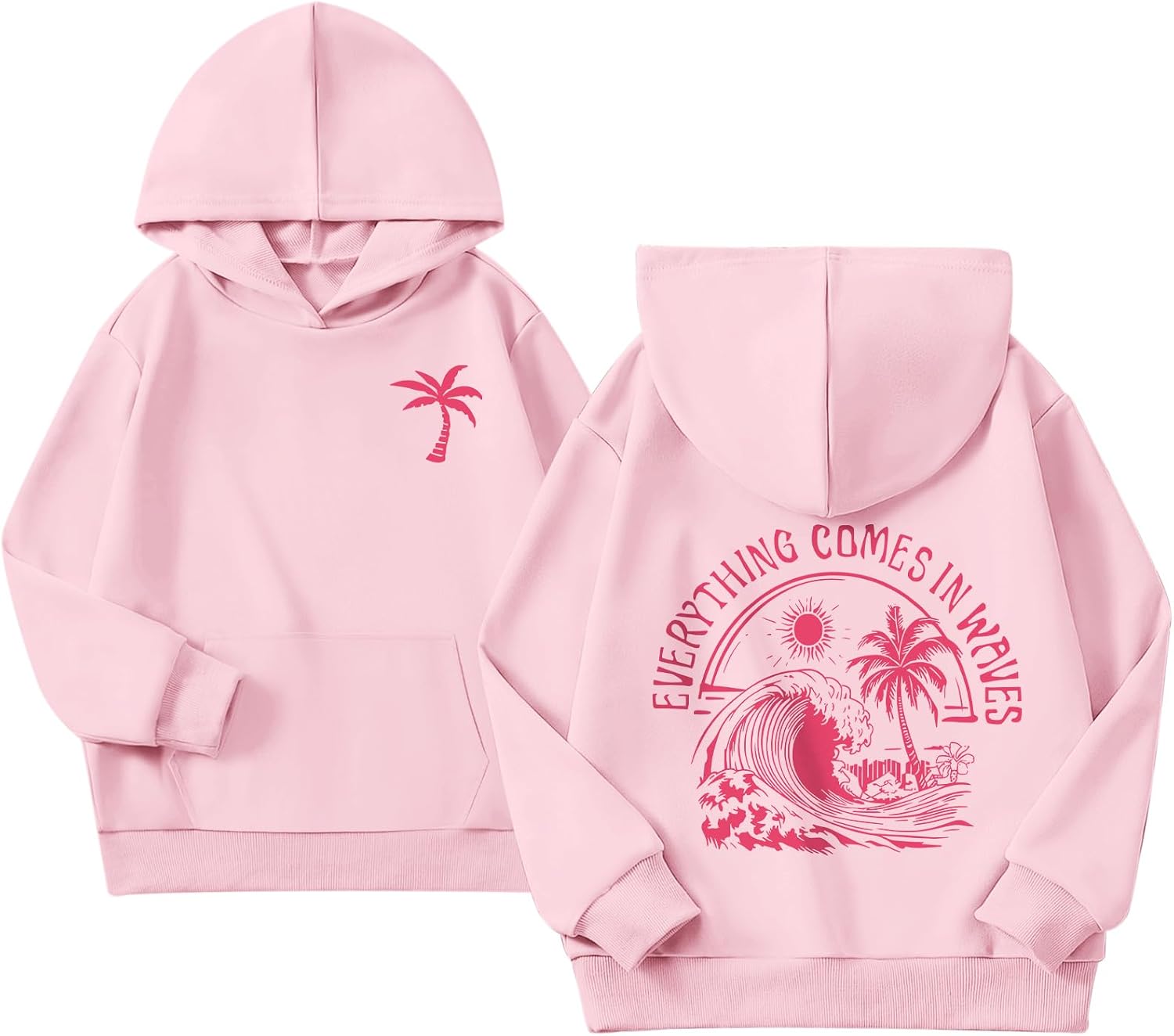 KIEKIECOO Girls Palm Graphic Hoodie Beach Cute Hoodies With Pocket Kids Preppy Sweatshirt Ocean Pullover Long Sleeve Top