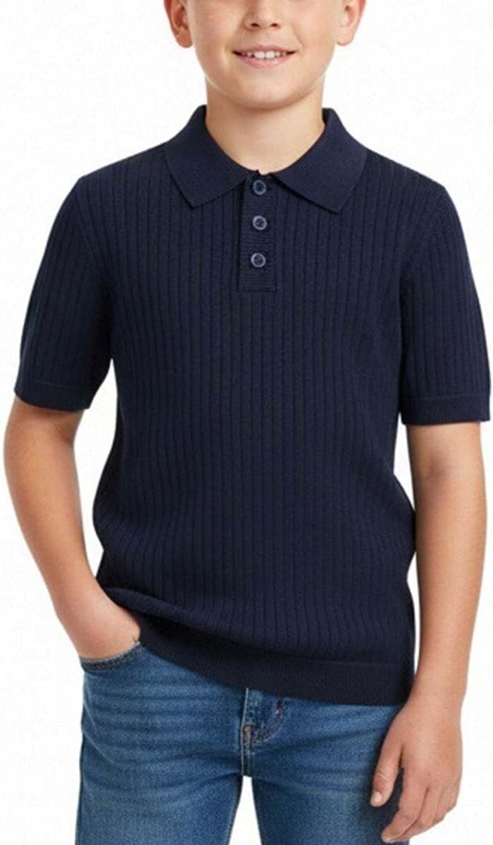 Boys Ribbed Polo Sweater Short Sleeve Pullover 3 Button Knit Top Casual School Shirt 5-14Y