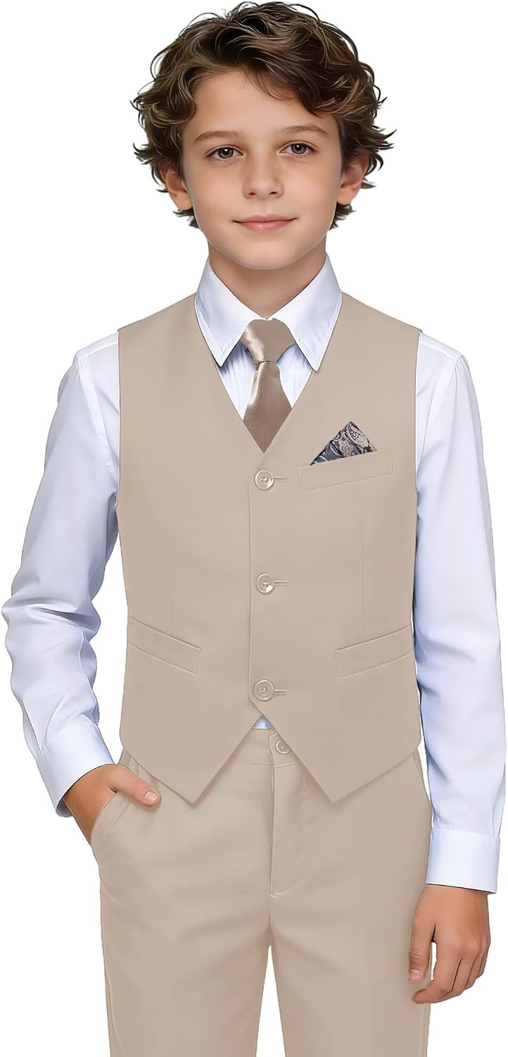 Boys Suit Formal Dress Pants Vest Suit Set for Boys Wedding Outfits with Dress Shirt Tie and Pocket Square
