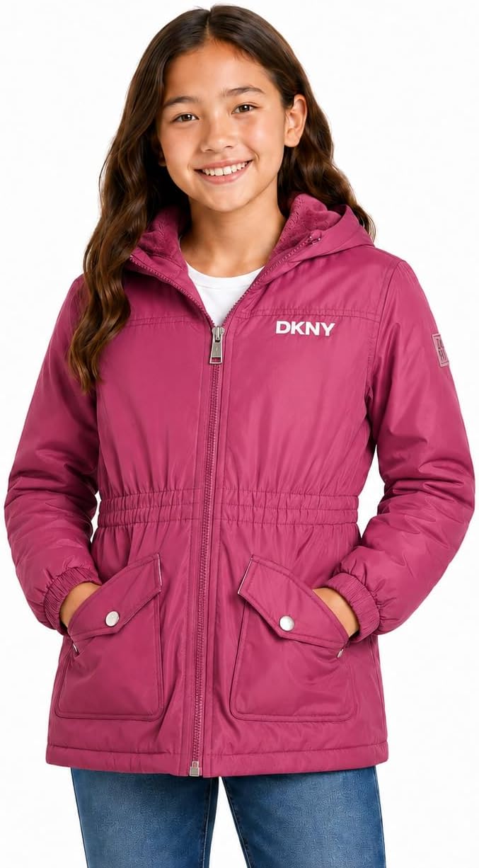 DKNY Girls Midweight Jacket – Cozy Sherpa Fur Lined Water Resistant Hooded Anorak Windbreaker Zip Up Jacket for Girls