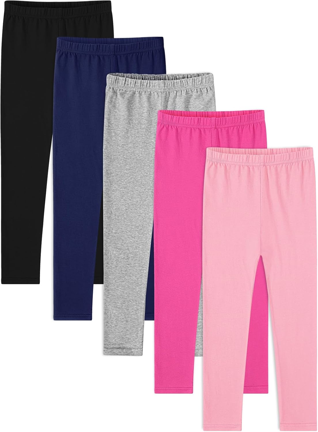 BOOPH 5 Pack Girls Leggings Cotton Full Length Stretchy Kids Pants Footless 5-14 Years