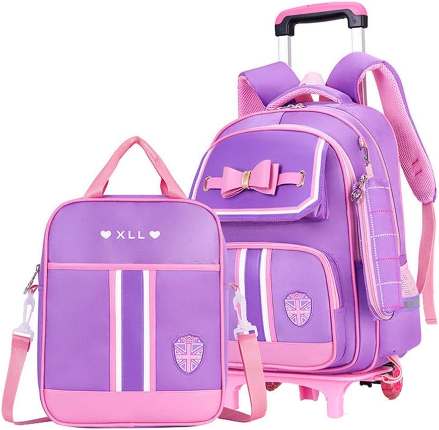 MITOWERMI Rolling Backpack for Girls Cute Trolley Bags Primary School Bookbags with Wheels Kids Carry-On Wheeled Backpack with Lunch Bag