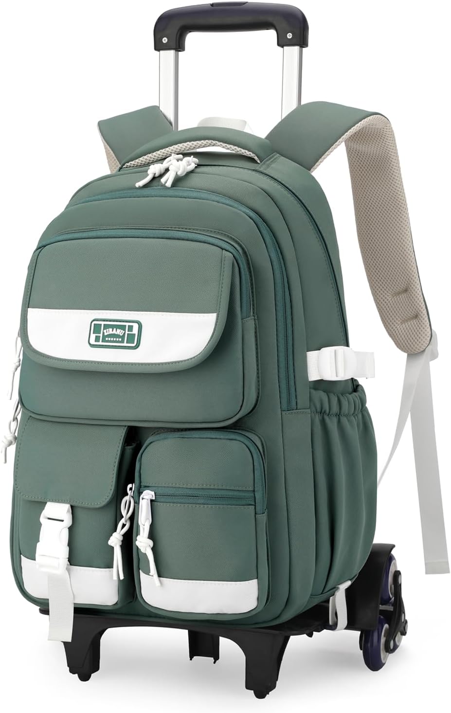 Solid Color Rolling Backpack for Girls Boys Cute Elementary school bag with wheels,Green Trolley Bags for Travel
