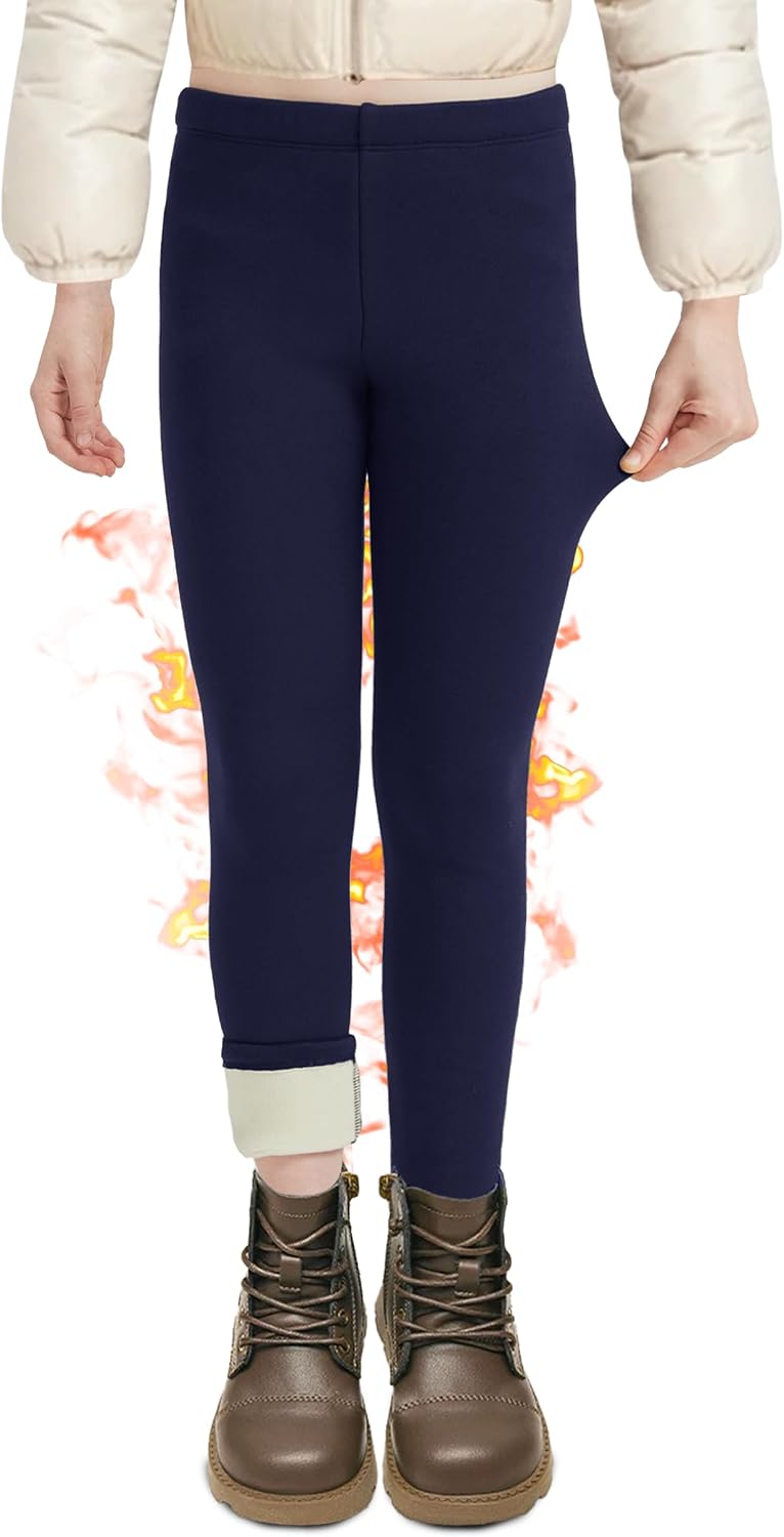 DDOBB Girls Fleece Lined Leggings Black Winter Thermal Warm Clothes Running Thick Pants Cold Weather for Kids 5-13 Years