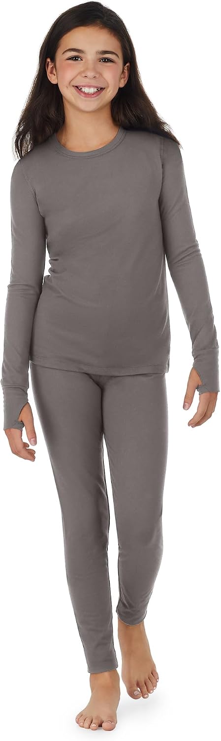 Cuddl Duds Girls Heavyweight Cold Weather Fleece Lined Thermal Set – Long Sleeve Shirt & Leggings – Long Johns for Kids