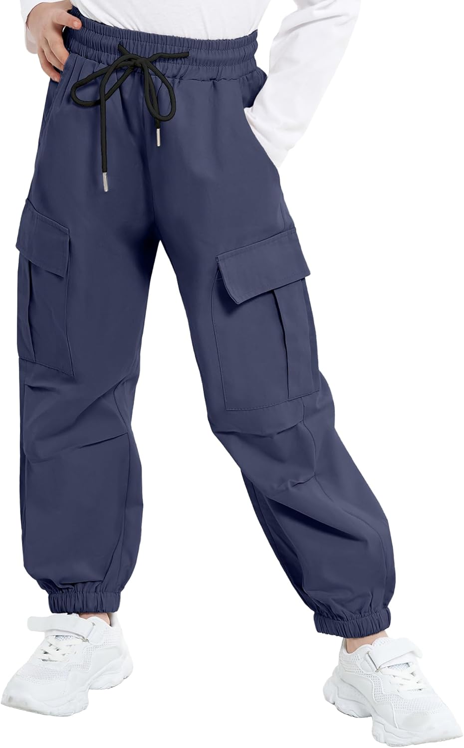 JiAmy Girls Cargo Pants Elastic High Waist Drawstring Pants Jogger Trousers Casual Loose with Pockets 6-14Y
