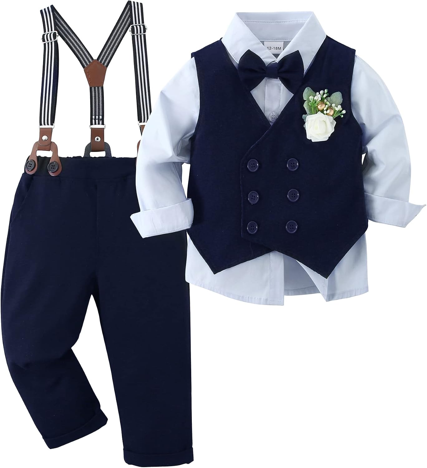 YALLET Toddler Baby Boy Clothes Suit Gentleman Wedding Outfits, Formal Dress Shirt+Bowtie+Vest+Boutonniere+Suspender Pants
