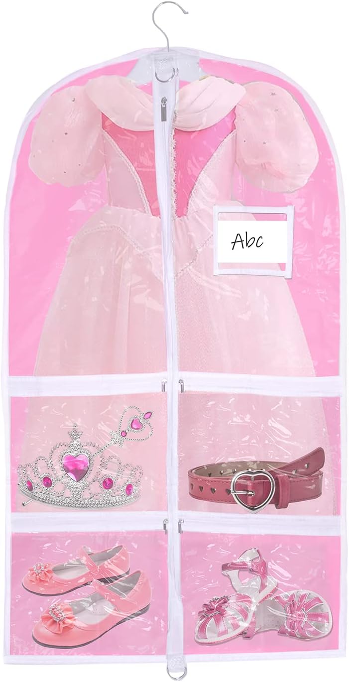 WJWSKI Pink Kids Dance Garment Bag for Hanging Clothes,37 Inch Waterproof PVC Travel Garment Bag with 3 Pockets for Dance Costumes,Sports,Skating,Theatre,Beauty Pageants & More