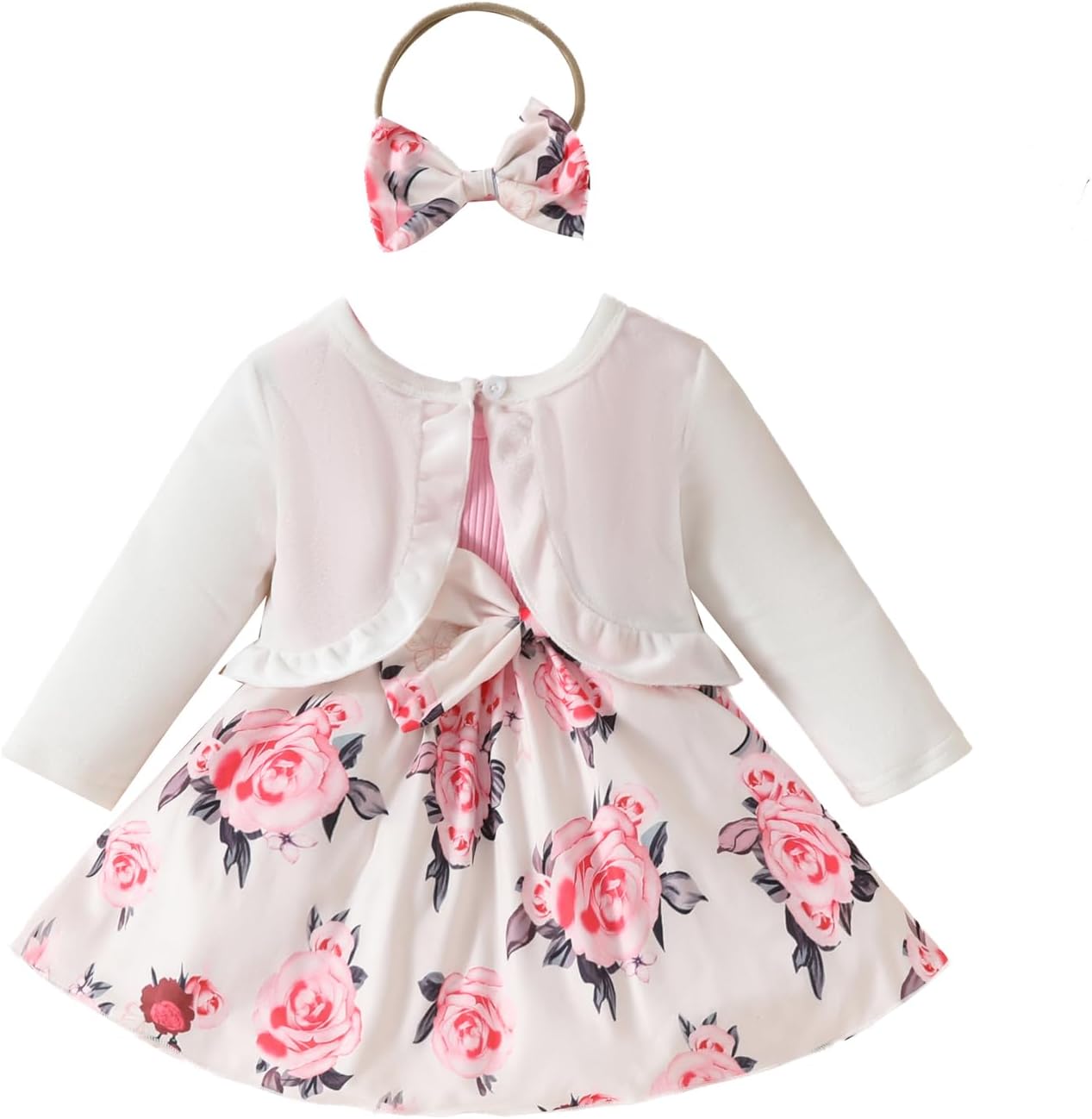ZAXARRA Toddler Baby Girls Fashion Outfits Sleeveless Flower Print Dress Long Sleeve Ruffle Coat Bow Headband Clothing sets