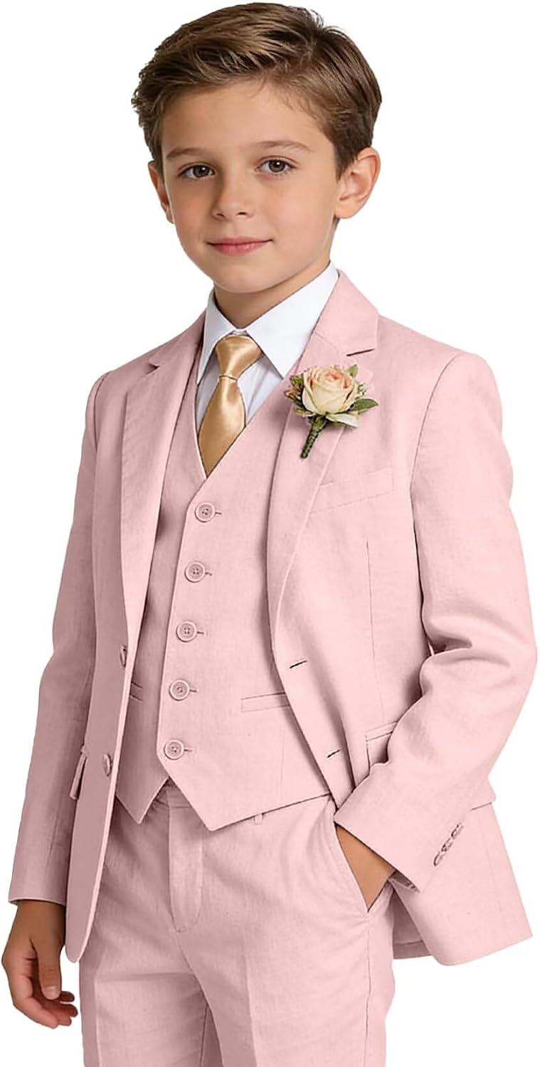 Boys Linen Suit Formal 3 Piece Toddler Tuxedo for Summer Beach Wedding Outfit Slim Fit Kids Suits Jacket Vest Pants