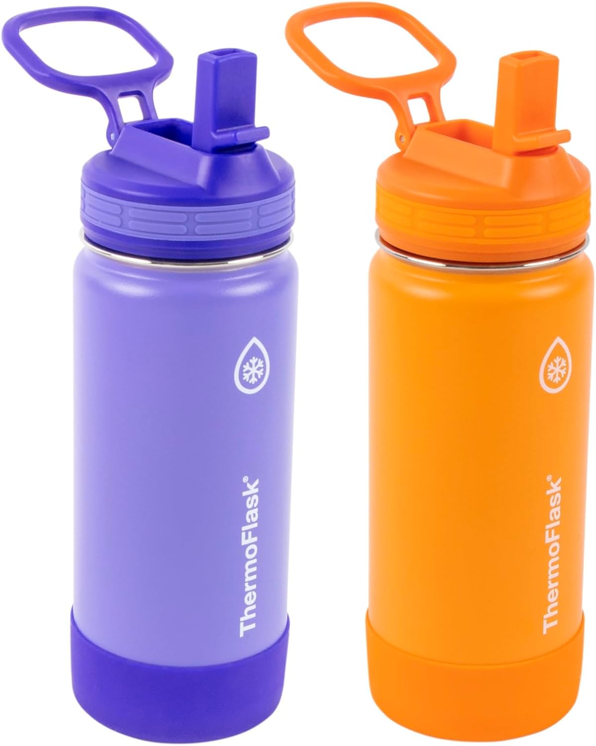 ThermoFlask Kids 16 oz Insulated Water Bottles with Straw Lid BPA-Free Stainless Steel Leakproof & Spill-Proof Design Easy Clean Wide Mouth 2-Pack for School, Sports, Playdates, Purple/Orange
