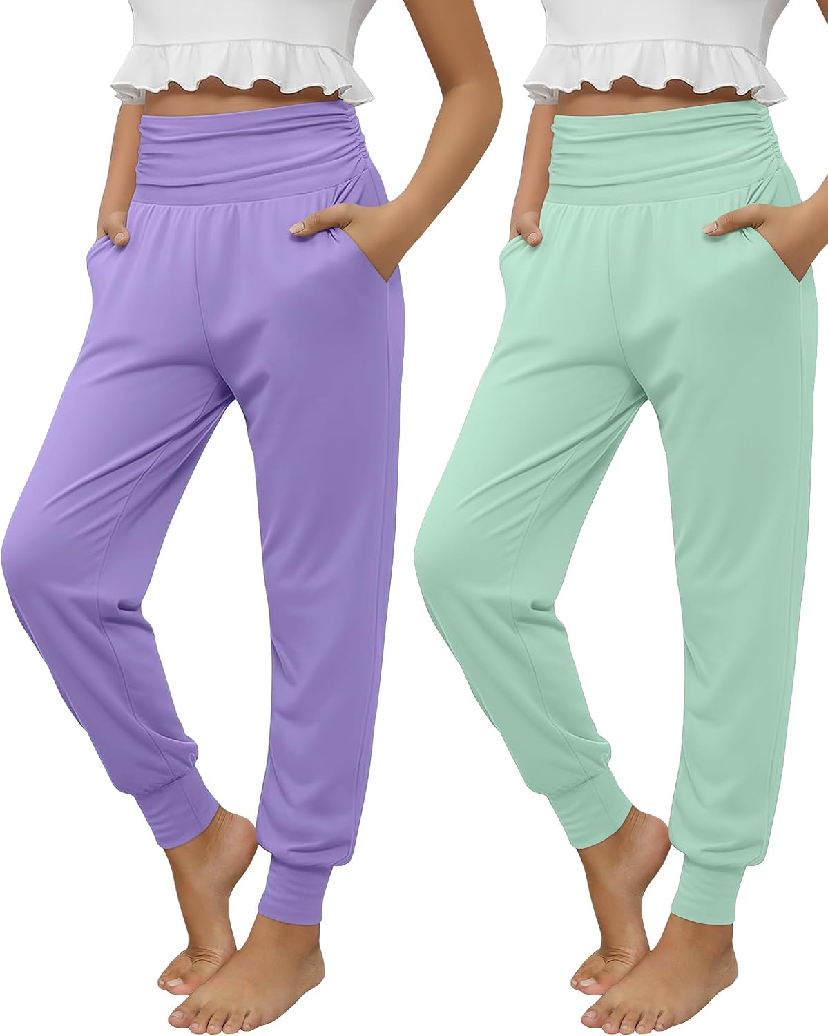2 Pack Girls’ Joggers with Pockets Lightweight Athletic Sweatpants High Waisted Loose Casual Pants Soft Yoga Pants