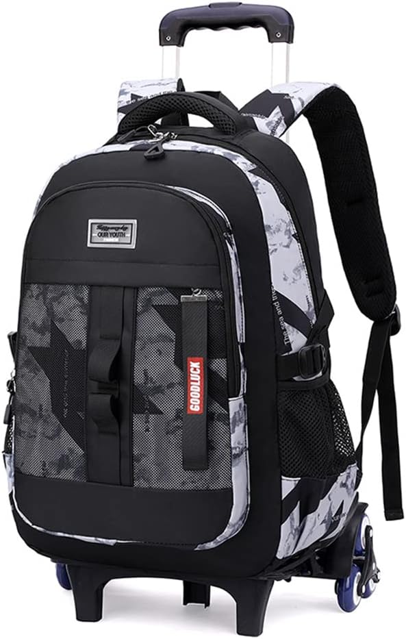 Camo Boys Rolling Backpacks for Kids School, Capacity Wheeled Bookbags Elementary School Bags Back Packs with 6 Wheels, Black-white