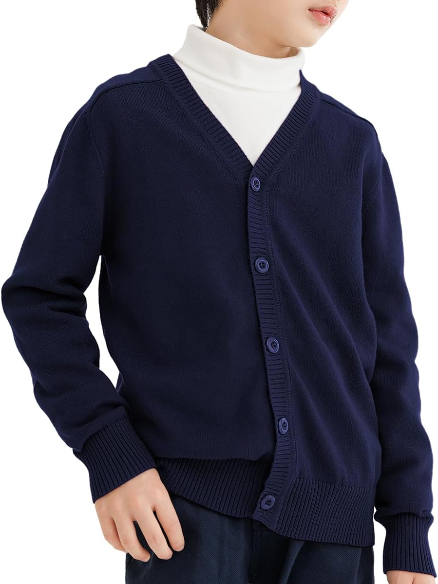 CUNYI Boys’ Button-up Cardigan with Elbow Patches V-Neck Cotton Knit Sweater Casual Outerwear