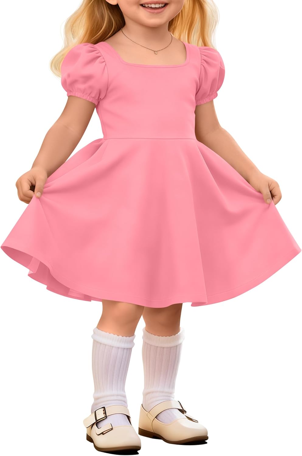 Toddler Girl’s Summer Dress Baby Puff Sleeves Square Neck Knit Sundress A-Line Flowy Twirly Casual Midi Dress
